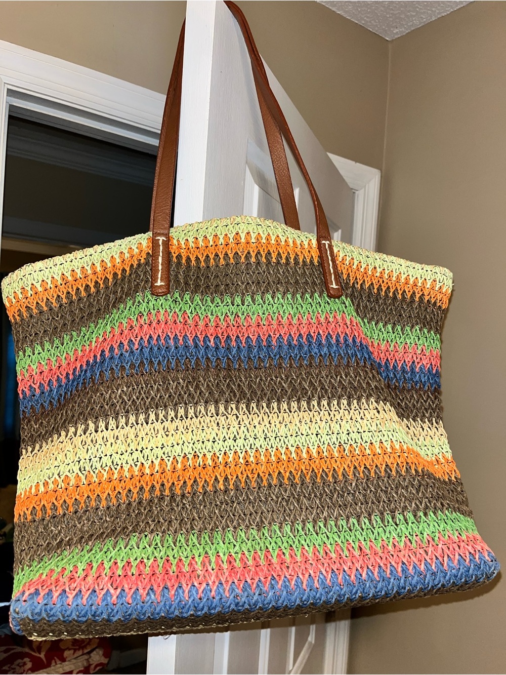 Multicolor Stripe Tote with Brown Handles - straw beach bag